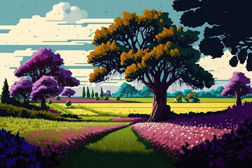 Canvas Print - landscape with trees and crops in blooming garden field, created with generative ai