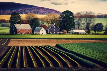 Poster - farmland with hayfield along field with vegetable gardens, created with generative ai