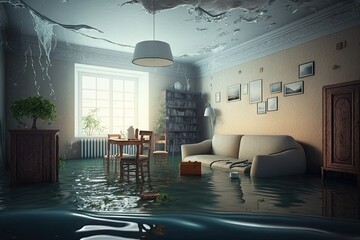 Canvas Print - room in flooded flat interior with furniture standing in water and on floor, created with generative ai