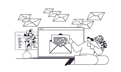 Poster - woman reading or writing letter on laptop screen girl communicating on computer email messaging mail concept