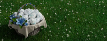 Painted Eggs With Flowers. Easter Banner With Copy-space, Featuring A Basket Of Eggs On Green Meadow Grass.