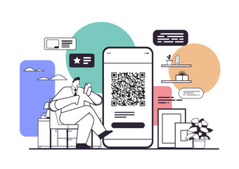 Poster - businessman scanning QR code on smartphone screen readable barcode verification concept