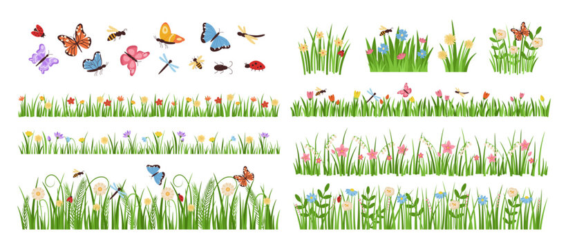 early spring garden flowers. forest and garden blooming plants with insects and green grass cartoon 