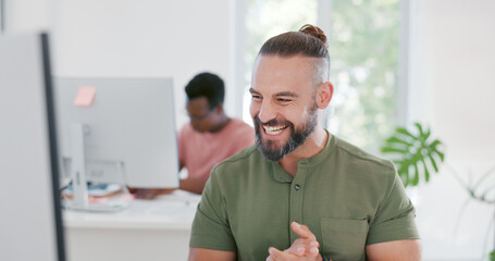 Poster - Computer, success and applause of business man celebrating goals, targets or office achievements. Winner, yes victory and male employee clapping to celebrate winning on stock market, bonus or reward