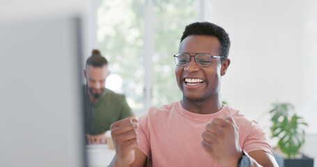Fototapete - Computer, celebration and excited black man happy for ERP software, cyber security system or coding success. Information technology, ai developer or programmer cheer for code programming achievement