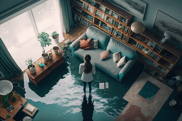 Wall Mural - top view of girl standing in living room in flooded flat interior, created with generative ai