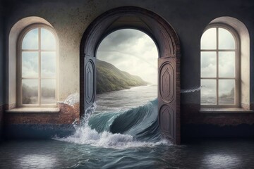 Wall Mural - arch bridge with water rushing through window of flooded flat interior, created with generative ai