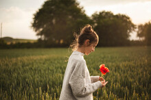 Girl With Poppy Flower In Green Field