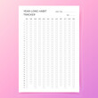 Habit tracker template. Year-long habit diary. Journal planner with bullets. Goal list on pink background. Vector illustration. Simple design. Vertical, portrait orientation. Paper size A4.