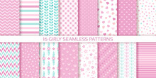 Pink Seamless Pattern. Girly Background. Set Scrapbook Textures. Baby Shower Print With Stripes, Zigzag, Flowers, Heart And Plaid. Cute Pastel Packing Paper For Scrap Design. Color Vector Illustration