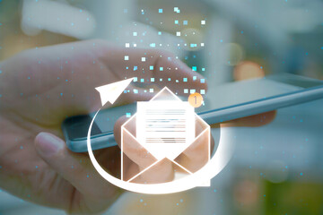 Poster - Mobile mail application, communication and e-mail concept with digital envelope with notification alert and paper plane on man hand using smartphone background, double exposure