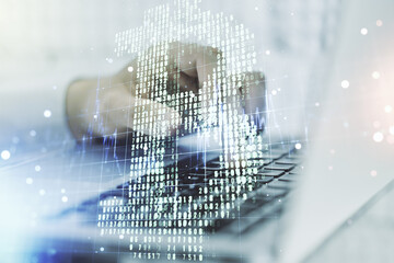 Poster - Creative Bitcoin concept with hands typing on computer keyboard on background. Double exposure