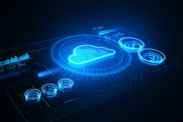 Wall Mural - Glowing cloud computing hologram on dark background. 3D Rendering.