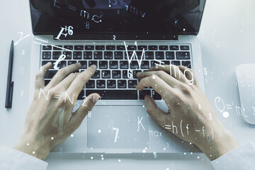 Aufkleber - Creative scientific formula concept with hands typing on laptop on background. Multiexposure