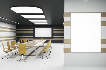 Aufkleber - Clean meeting room interior with blank white mock up presentation poster and furniture. 3D Rendering.
