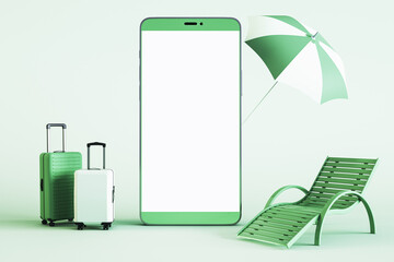 Poster - Creative cellphone with travel items. Online trip booking concept on green background. Mock up place on screen. 3D Rendering.