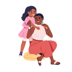 Poster - Mom and daughter hugging. Happy African-American mother and little girl. Black woman and kid. Child embracing parent with support, love, care. Flat vector illustration isolated on white background