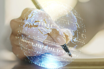 Aufkleber - Abstract creative coding illustration with world map and woman hand writing in diary on background, international software development concept. Multiexposure