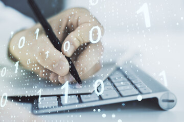 Aufkleber - Creative abstract binary code sketch and hand writing in notepad on background with laptop, hacking and matrix concept. Multiexposure