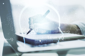 Poster - Creative artificial Intelligence concept with human head sketch and hand writing in diary on background with laptop. Double exposure