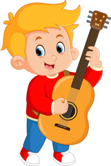 Wall Mural - a cute boy learns to playing guitar and singing