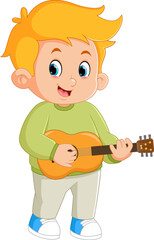 Poster - a happy boy is playing the traditional ukulele instrument