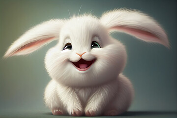 Wall Mural - Cute white rabbit. Smiling fluffy bunny portrait. Generative AI