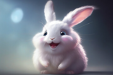 Wall Mural - Cute white rabbit. Smiling fluffy bunny portrait. Generative AI