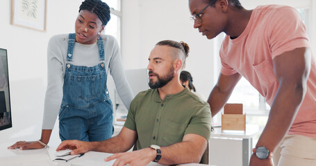 Aufkleber - Training, coaching and business people with computer in office for helping coworker with project. Teamwork, collaboration or group of employees on pc teaching man with question, talking and mentoring