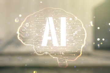 Poster - double exposure of creative artificial intelligence interface on modern business center exterior bac