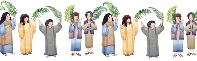 Palm Sunday seamless banner, hand drawn children with palm branches in their hands, rejoicing, glorifying God. For the publication,  decoration of the holiday