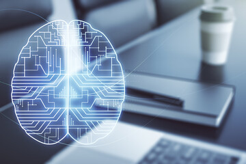 Poster - Creative artificial Intelligence concept with human brain hologram on modern laptop background. Multiexposure