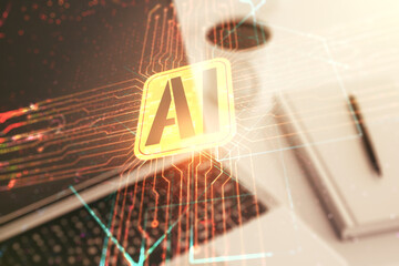 Aufkleber - Double exposure of creative artificial Intelligence icon with modern laptop on background. Neural networks and machine learning concept