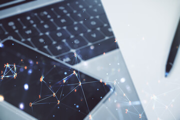 Aufkleber - Creative concept of wireless technology on modern laptop background. Big data and database concept. Multiexposure