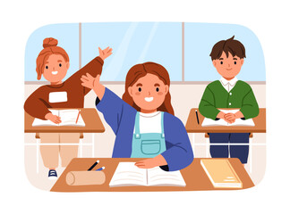 Poster - School kids students in class, sitting with hands raised up. Happy cute pupils children in classroom. Elementary children learners, little girls and boy characters at lesson. Flat vector illustration