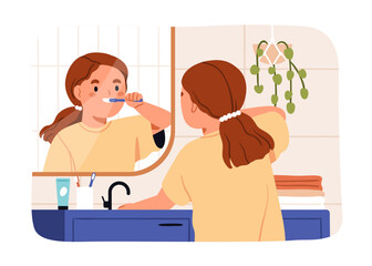 Child brushing teeth. Cute kid with toothbrush at bathroom mirror. Happy little girl holding tooth brush in hand. Daily dental hygiene, morning routine, care, teethcare. Flat vector illustration