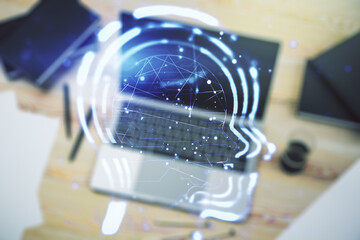 Aufkleber - Creative artificial Intelligence concept with human head hologram on modern laptop background. Multiexposure