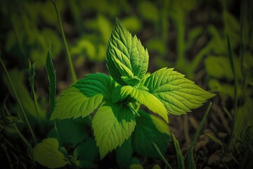 Poster - large bright green leaf of plant standing in flower meadow in spring, created with generative ai