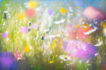 Sticker - sunny summer day blurred background of flowers in flower meadow in spring, created with generative ai