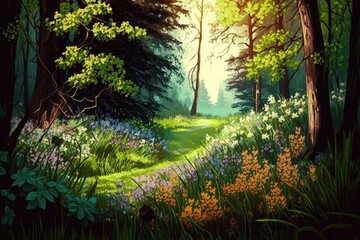 Poster - summer forest with flowering bushes and grass in flower meadow in spring, created with generative ai