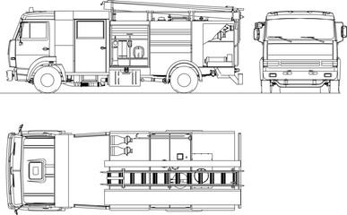 Poster - Fire engine detailed sketch vector illustration set