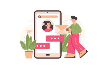 Poster - Concept Online chatting with people scene in the flat cartoon design. Boy sends letter for his girlfriend on the online chatting. Vector illustration.