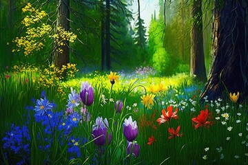 Poster - bright summer flowers in clearing of forest flower meadow in spring, created with generative ai