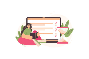 Aufkleber - Time management concept with people scene in the flat cartoon design. Girl reads a book and watches the time. Vector illustration.