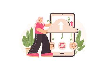 Aufkleber - Cloud storage concept with people scene in the flat cartoon style. Girl uploads all information to the cloud storage so as not to lose it. Vector illustration.
