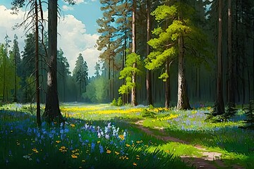 Wall Mural - flowers in landscape of forest clearing flower meadow in spring, created with generative ai