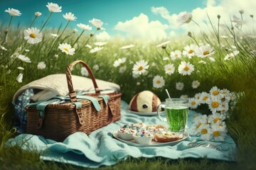 Canvas Print - outdoor holiday picnic on soft shaggy grass in flower meadow in spring, created with generative ai