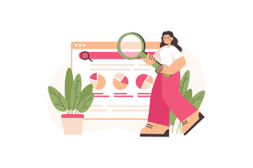 Aufkleber - Internet search concept with people scene in the flat cartoon style. Girl search different information, schemes and diagrams on the Internet. Vector illustration.