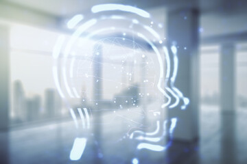 Aufkleber - Abstract virtual artificial Intelligence interface with human head hologram on empty corporate office background. Multiexposure