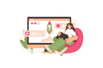 Poster - Concept Gaming with people scene in the flat cartoon style. Girl play computer games with a game pad sitting at home. Vector illustration.